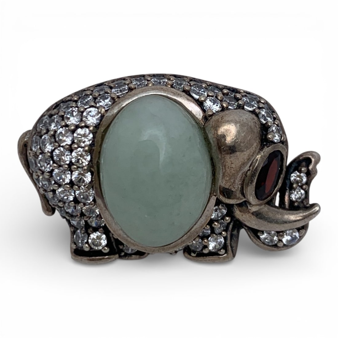 Sterling Jade & Cler Stone Elephant Ring: Marked 925 - Size 7.25 - 11.7 Grams