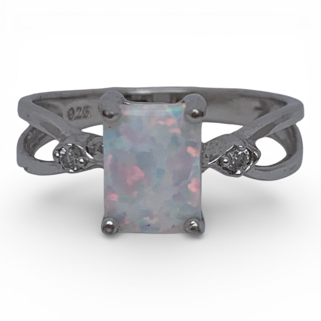 Sterling Silver Opal & Clear Stone Ring: Marked 925 - Size 7 - 2.2 Grams