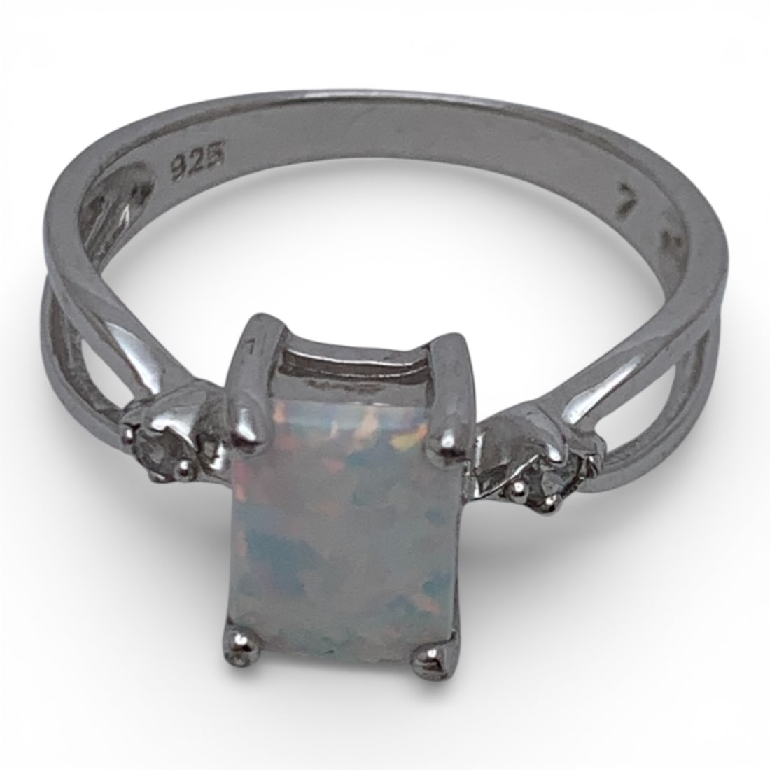 Sterling Silver Opal & Clear Stone Ring - 4