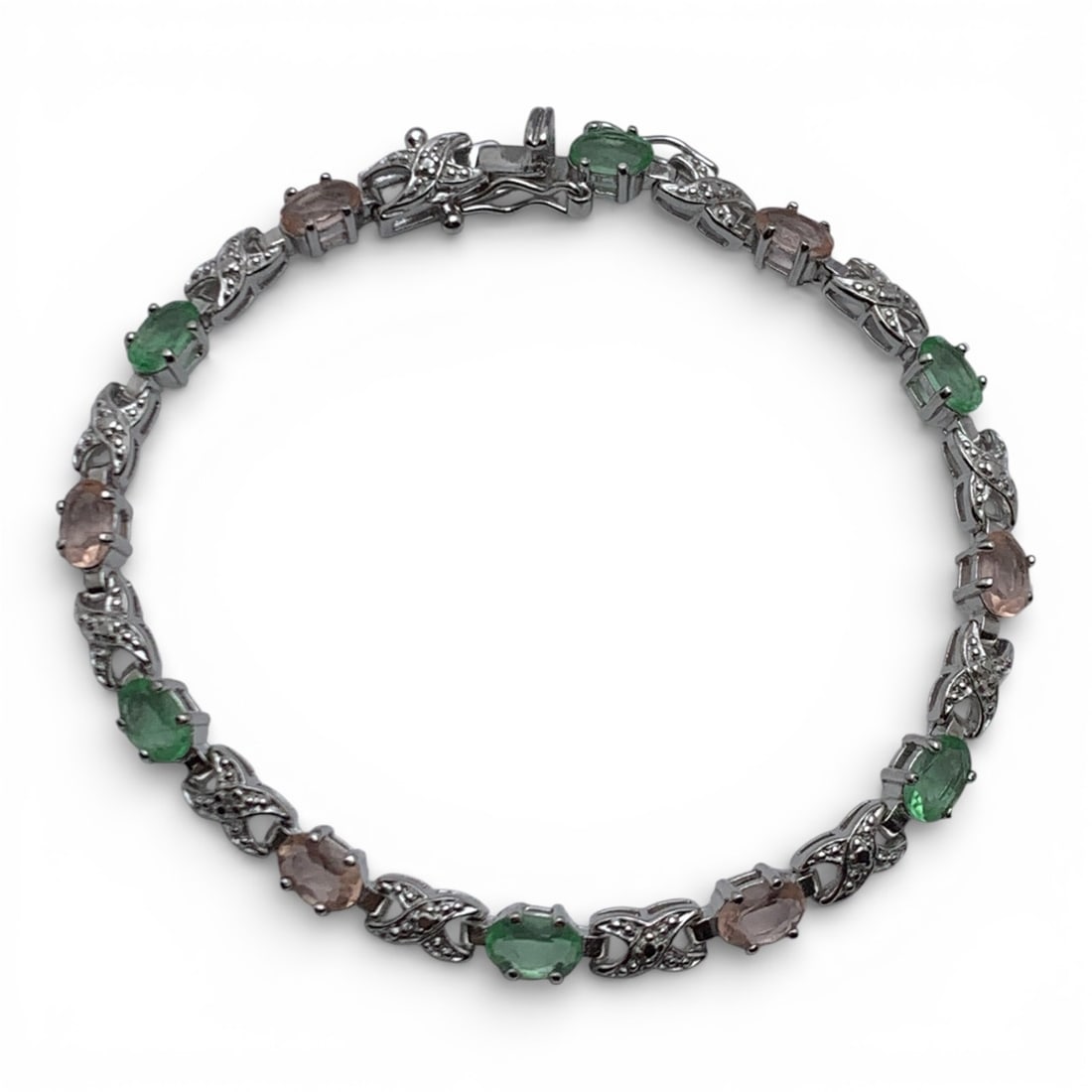 Sterling Bracelet With Green & Pink Stones: Marked 925 - 7 3/8" Long - 9.2 Grams