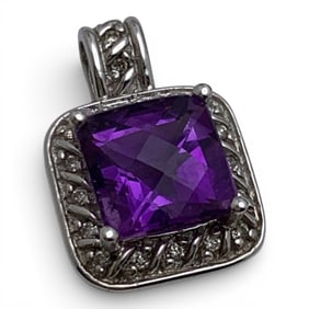 14k White Gold Diamond & Amethyst Pendant