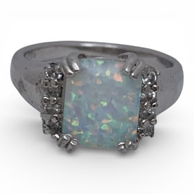 Sterling Silver Opal & Clear Stone Ring