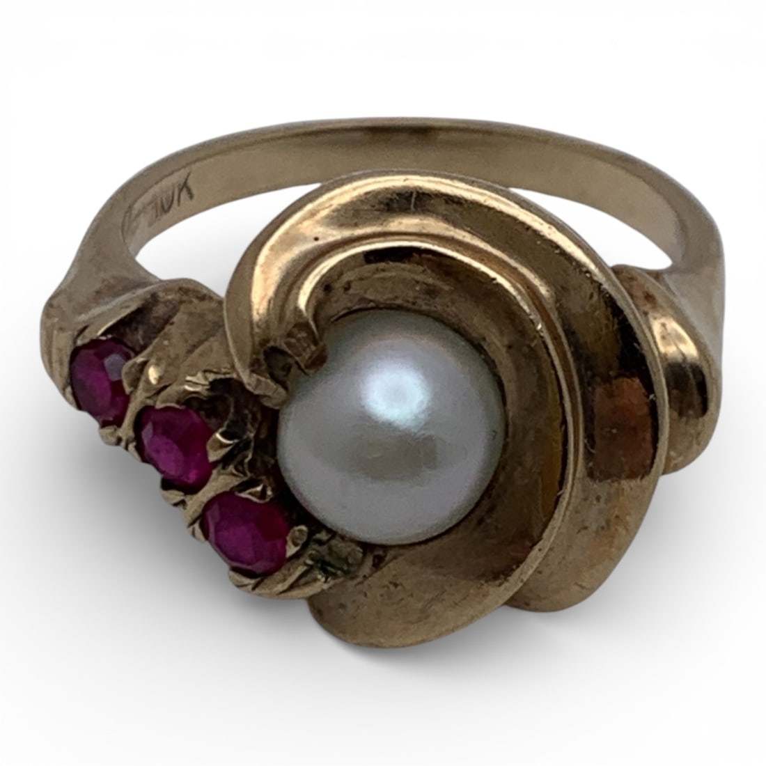 10k Yellow Gold Pearl & Ruby Ring - 4