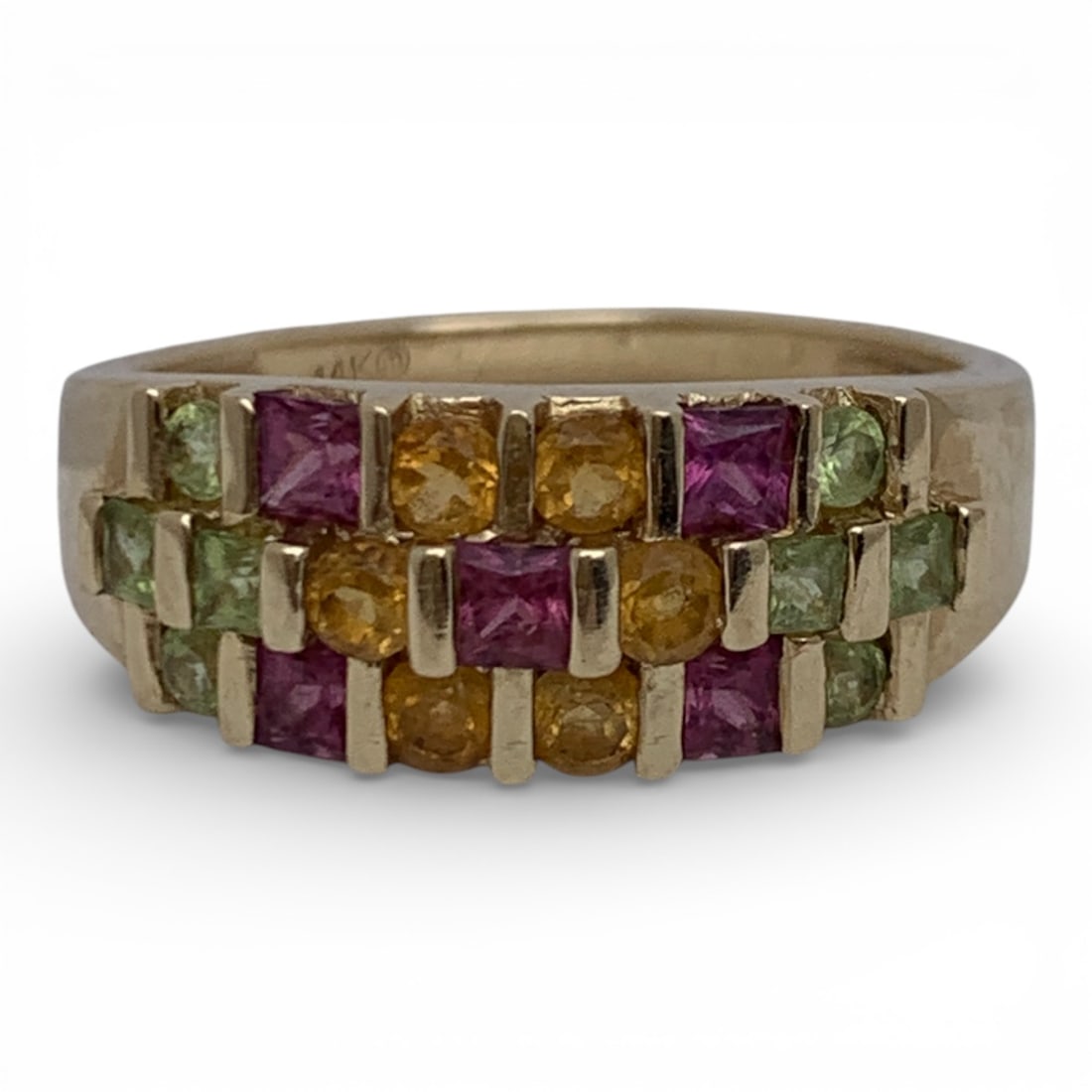 14k Yellow Gold Ring With Precious Stones: Marked 14k - Size 8 - 2.7 DwtGemstones Tested With Presidium Gem Tester Il - Berners Does Not Guarantee Authenticity Of Gemstones