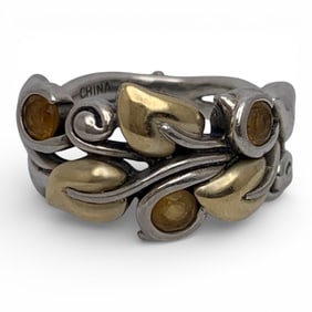 Sterling Silver & 18k Gold Ring W Orange Stones