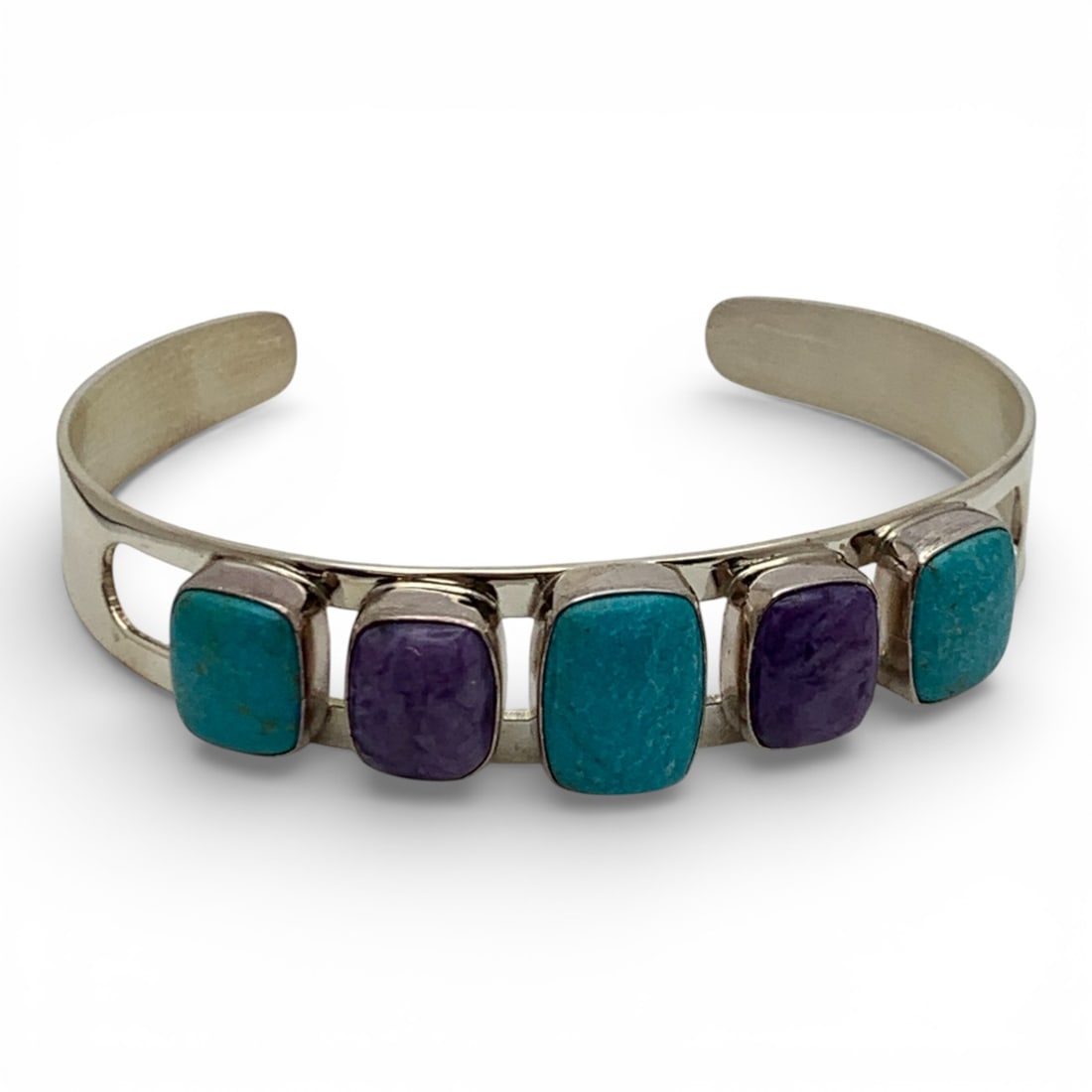 Sterling Cuff Bracelet W Blue & Purple Stones: Marked 925 - 2 3/8" Inside Width - 21.0 Grams