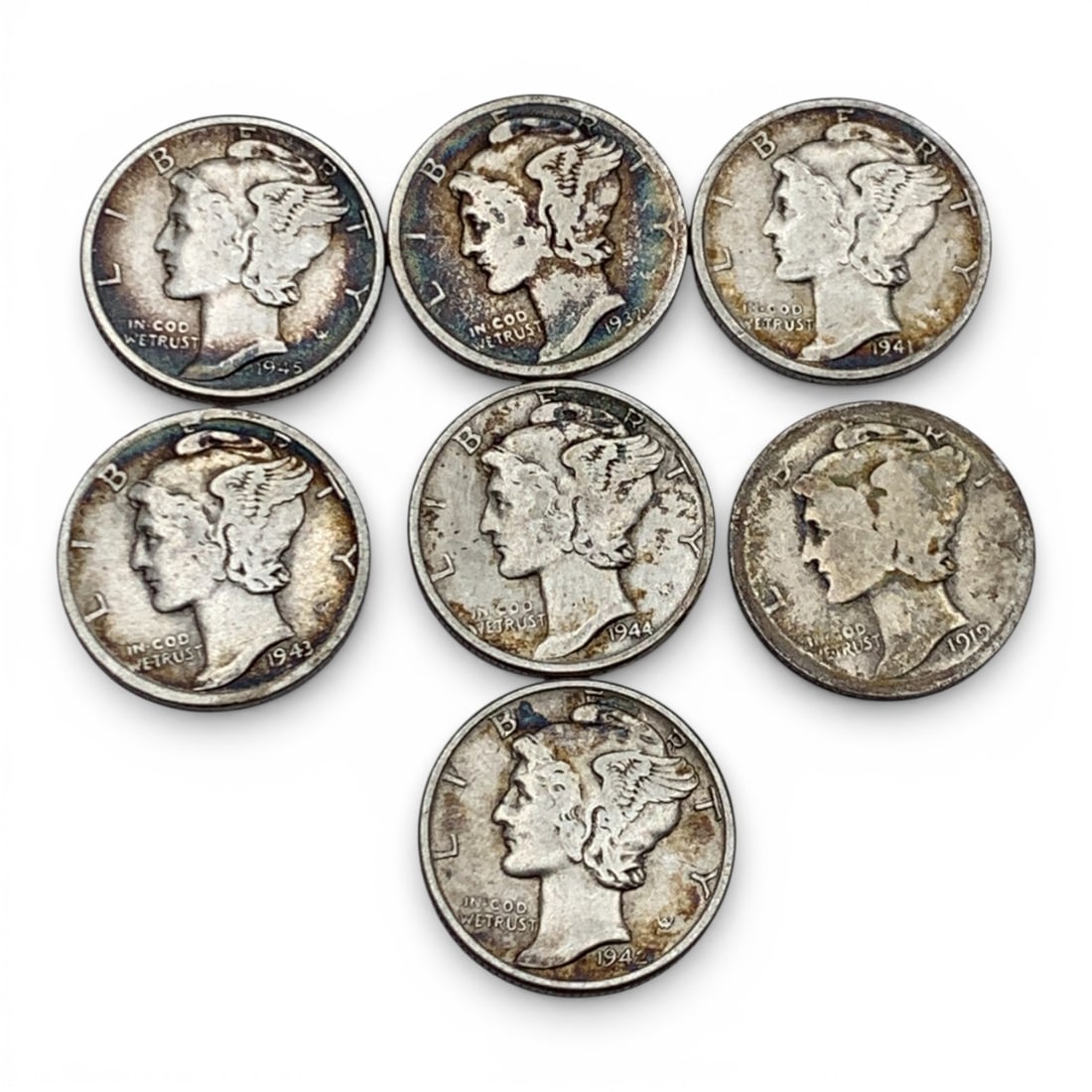 Group Of 7 Silver Mercury Dimes: 90% Silver Content