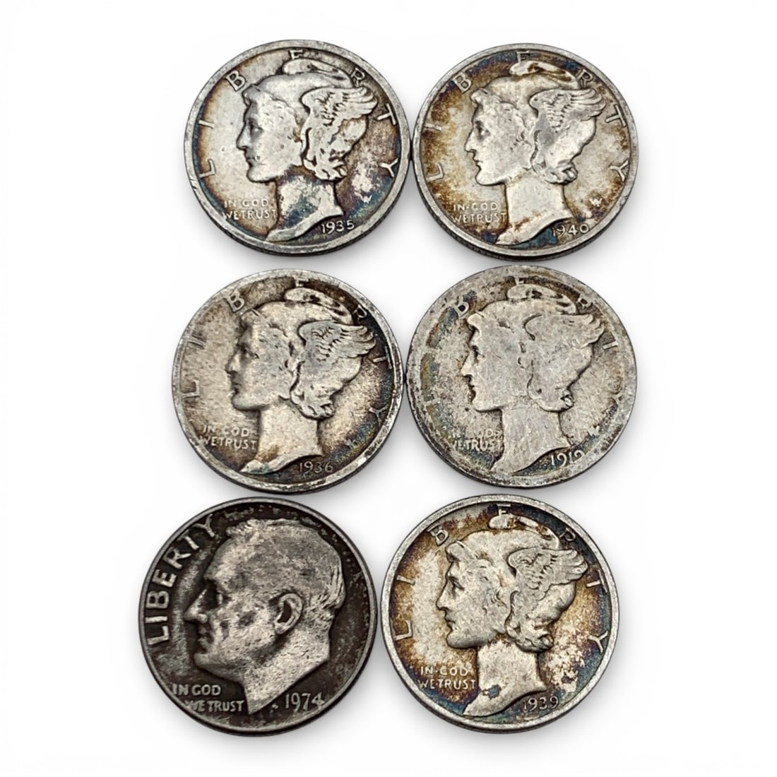 Group Of 6 Silver Mercury Dimes: 90% Silver Content