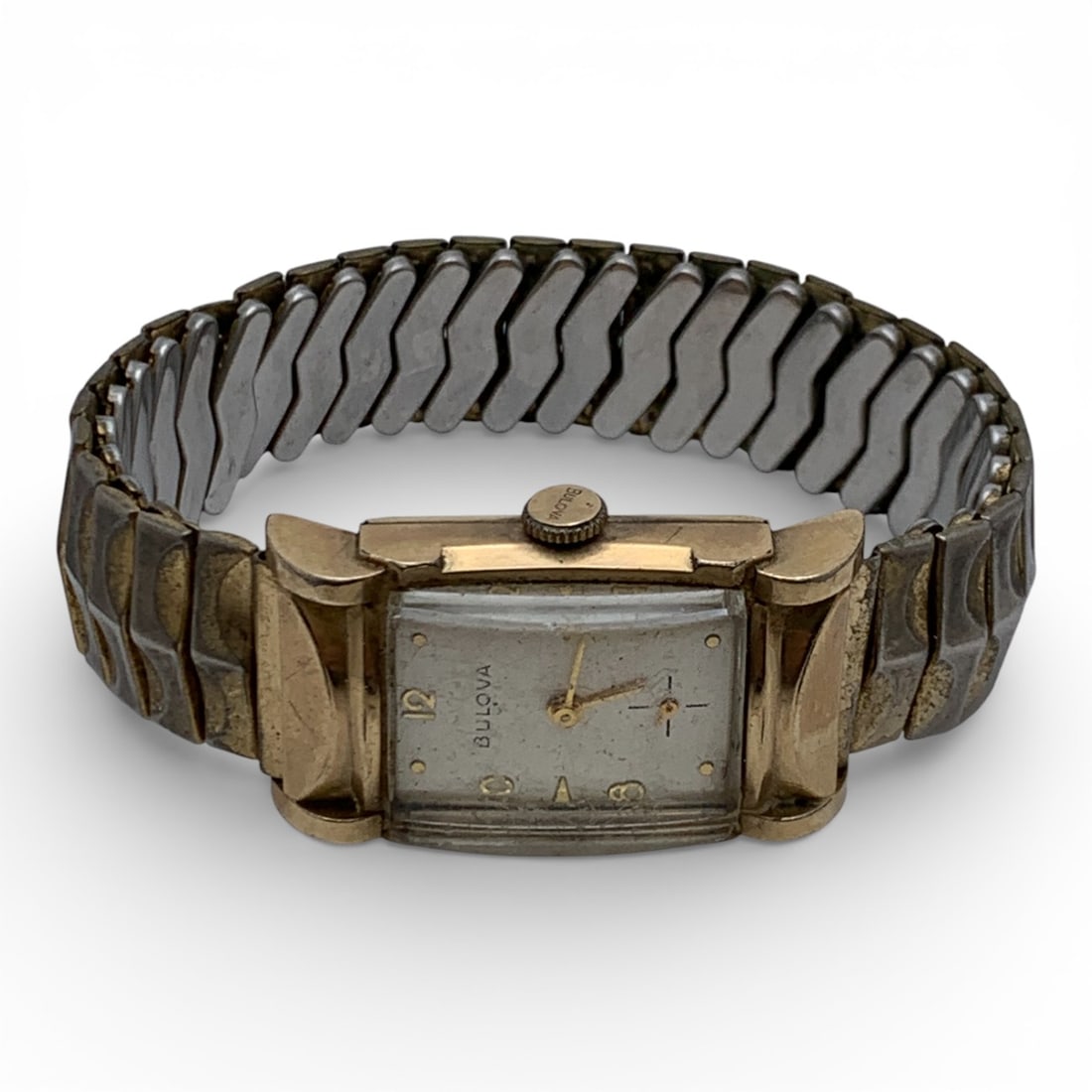 Bulova 10k Gold Filled Stretch Band Watch: Marked On Face: BulovaMarked On Back: 10k Rolled Gold Plate, Bulova, L8, D1816313/4" Face Diameter - 41.3 Grams Band Needs Repaired