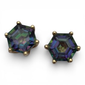 Pair Of 14k Yellow Gold & Rainbow Sapphire Earring