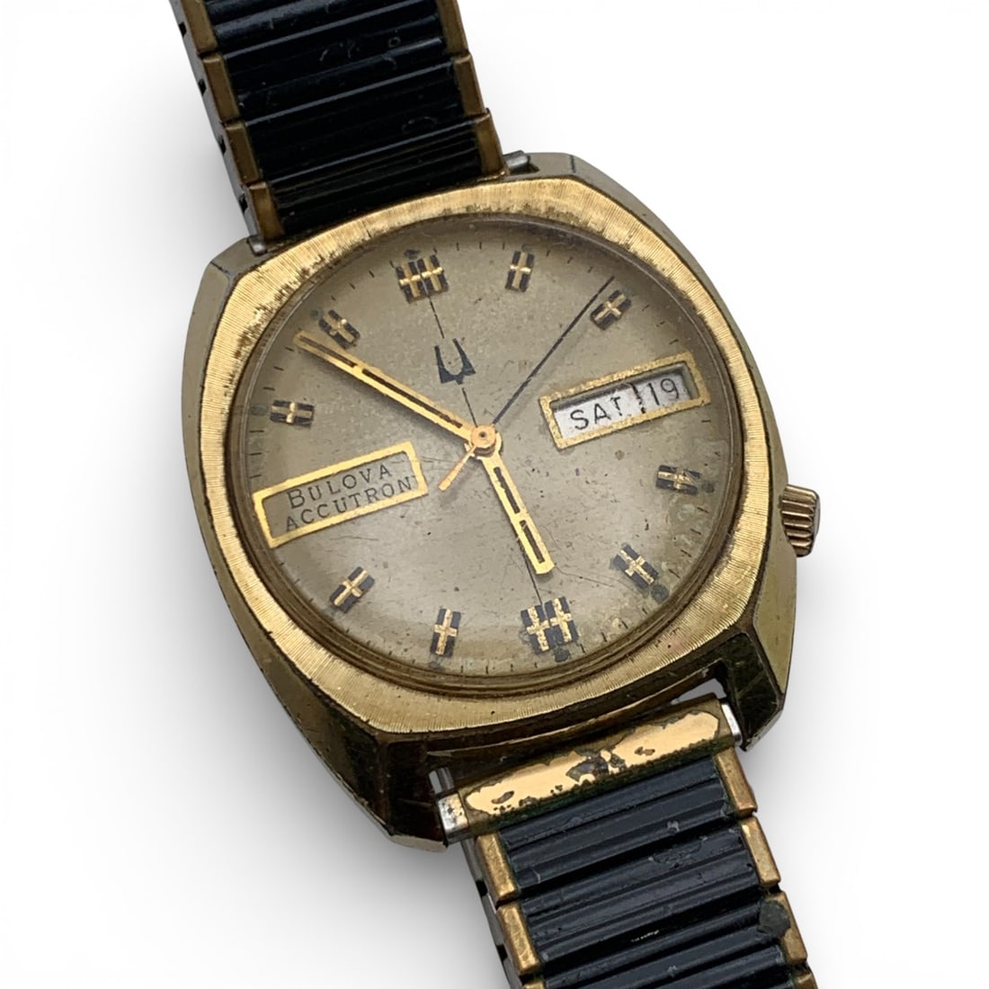 Men's Bulova Stretch Band Wrist Watch: Marked On Face: Bulova AccutronMarked On Back: Bulova, Stainless Steel Back, Base Metal Bezel, F5508501 1/4" Face Diameter - 61.7 Grams