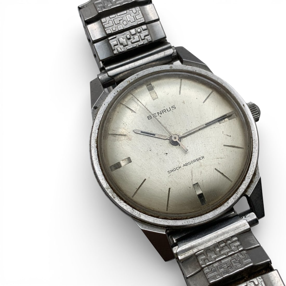 Benrus Silver Tone Stretch Band Wrist Watch: Marked On Face: BenrusMarked On Back: Stainless Steel, Series 30211 1/4" Face Diameter - 51.5 Grams