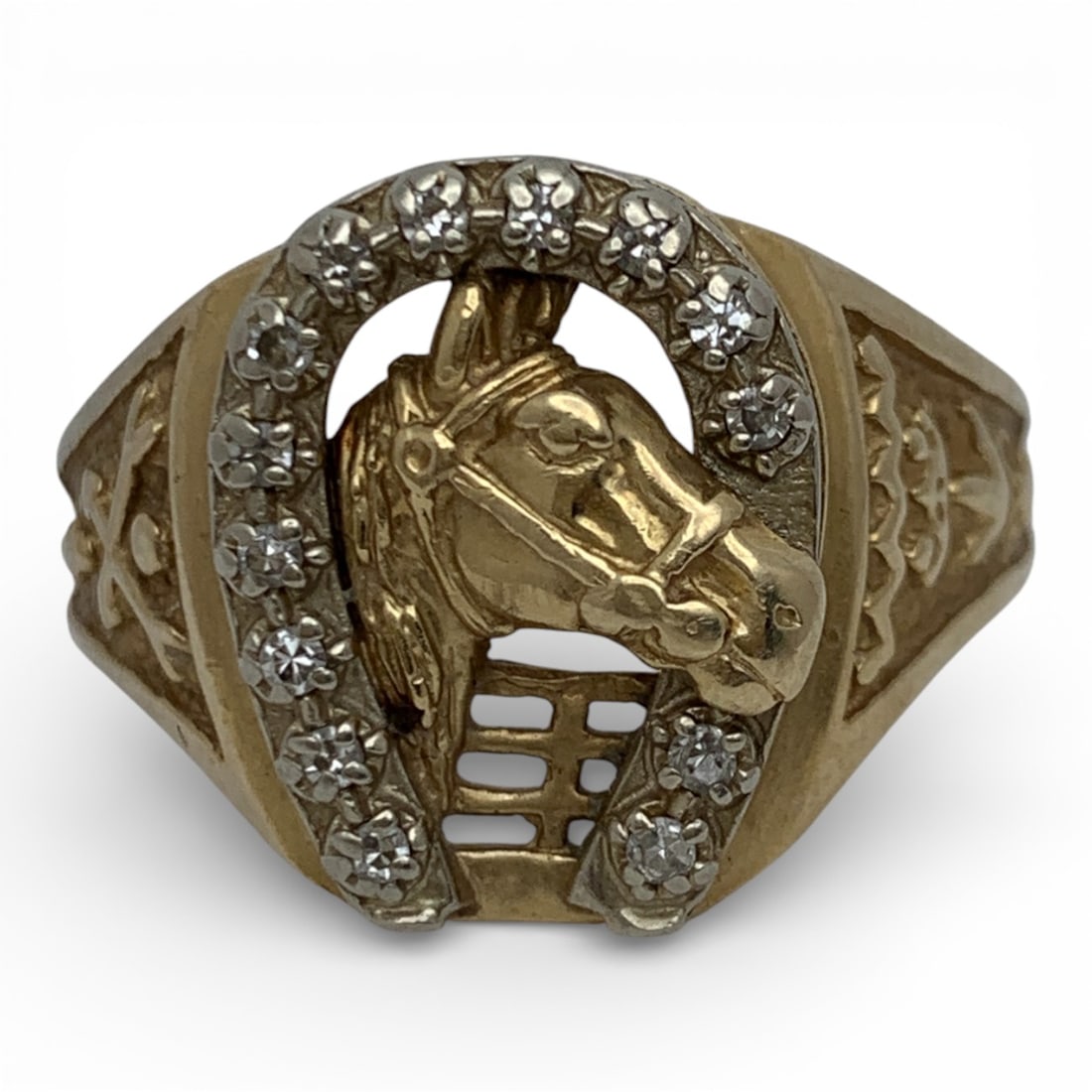 Men's 14k Yellow Gold & Diamond Horse Ring: Marked 14k - Size 13 - 6.3 DwtGemstones Tested With Presidium Gem Tester Il - Berners Does Not Guarantee Authenticity Of Gemstones
