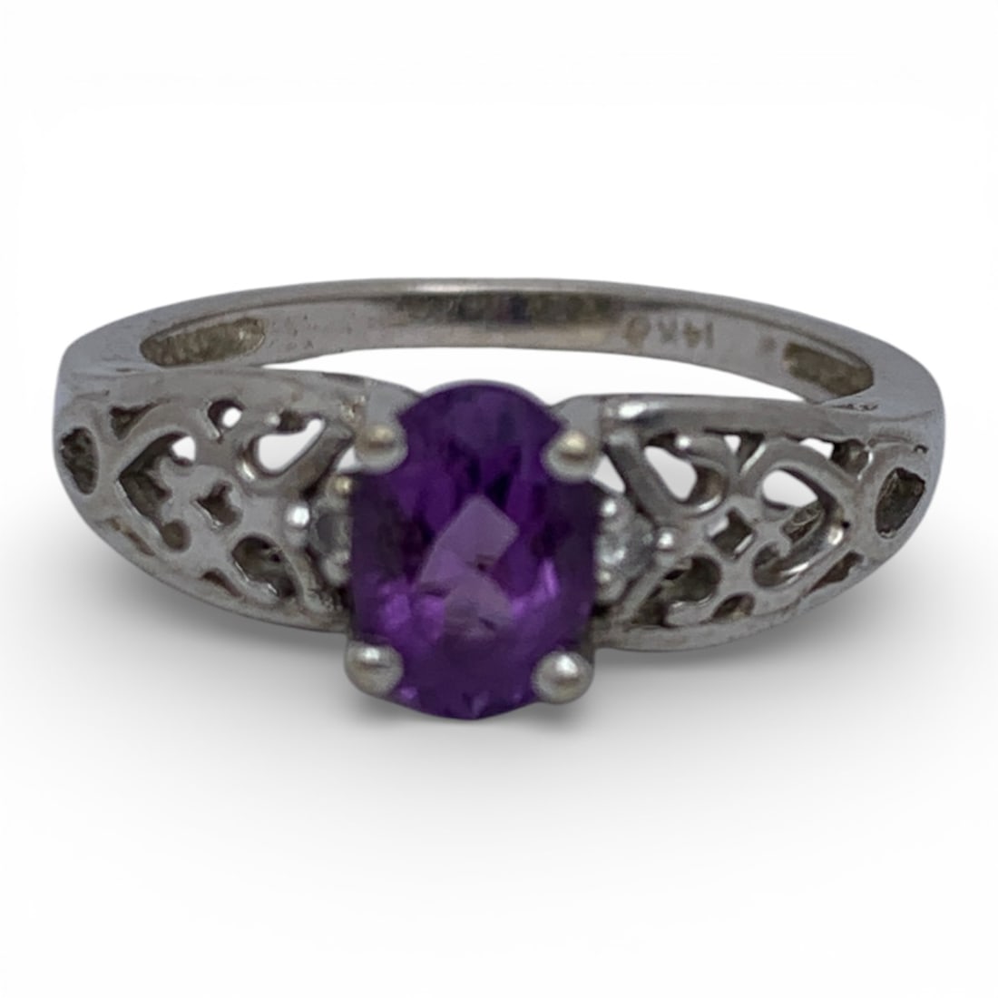 14k White Gold Diamond & Amethyst Ring: Marked 14k - Size 6.75 - 1.8 DwtGemstones Tested With Presidium Gem Tester Il - Berners Does Not Guarantee Authenticity Of Gemstones