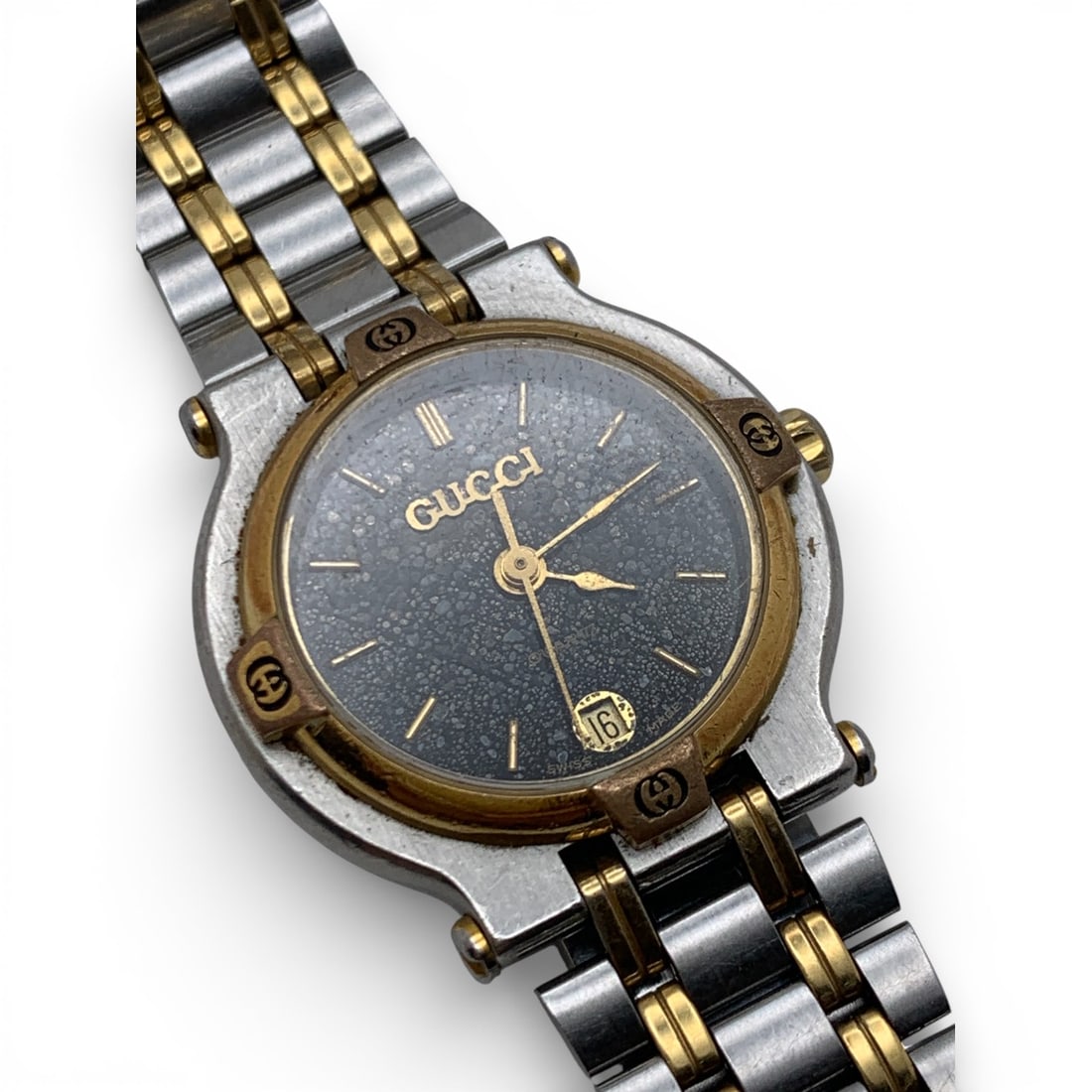 Gucci Silver & Gold Tone Wrist Watch: Marked On Face: GucciMarked On Back: Gucci, 9000 L, 2649081" Face Diameter