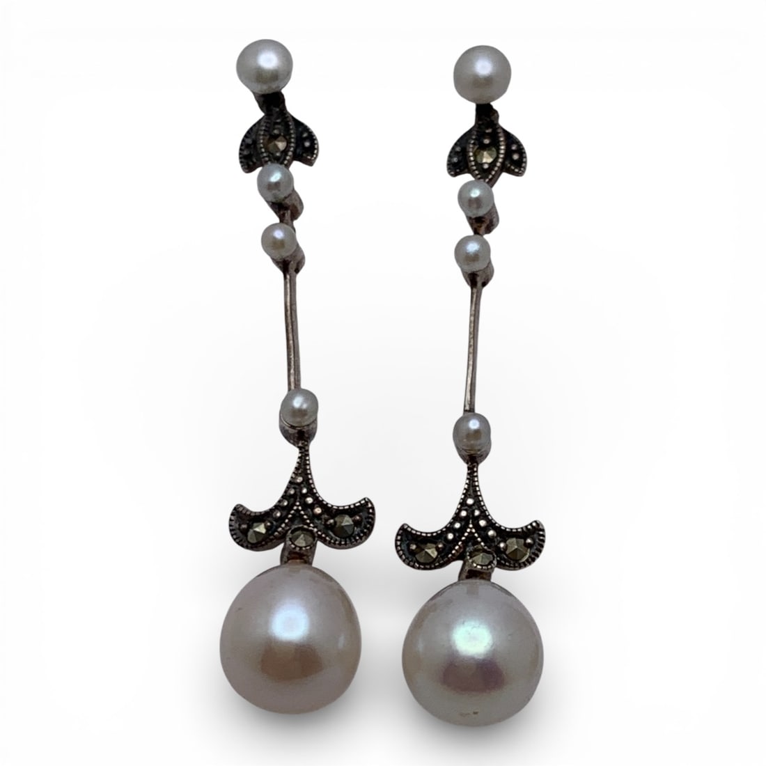 Pair Of Sterling Silver & Pearl Earrings: Marked 925 - 1 5/8" Long - 4.3 Grams