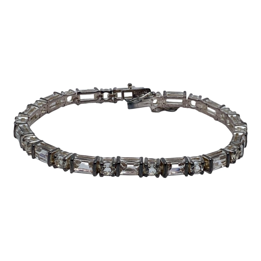 Sterling Silver Bracelet With Clear Stones: Marked: 925 - 7 3/4" Long - 18.5 Grams