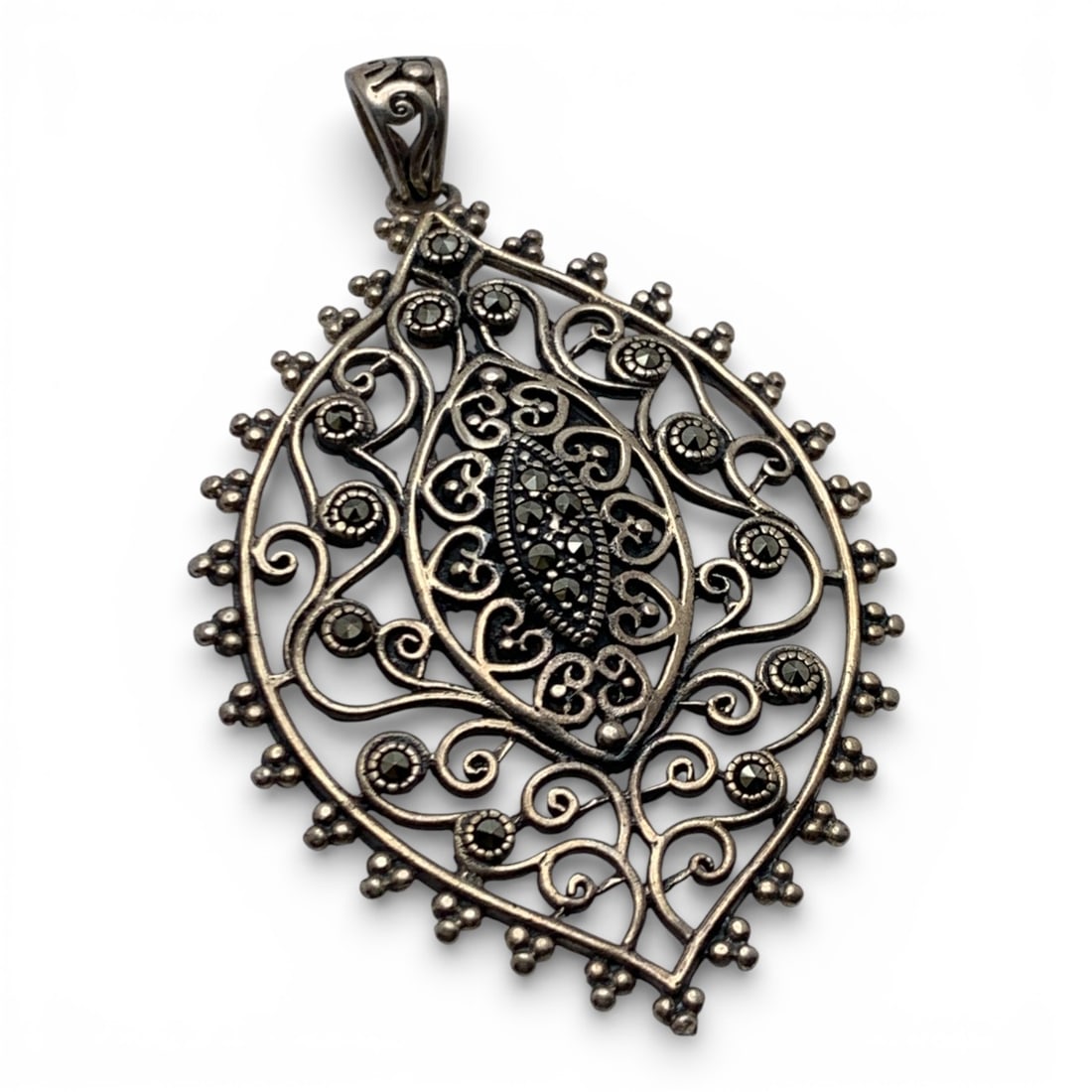 Sterling Silver & Marcasite Pendant: Marked 925 - 2 1/4" Long - 6.8 Grams