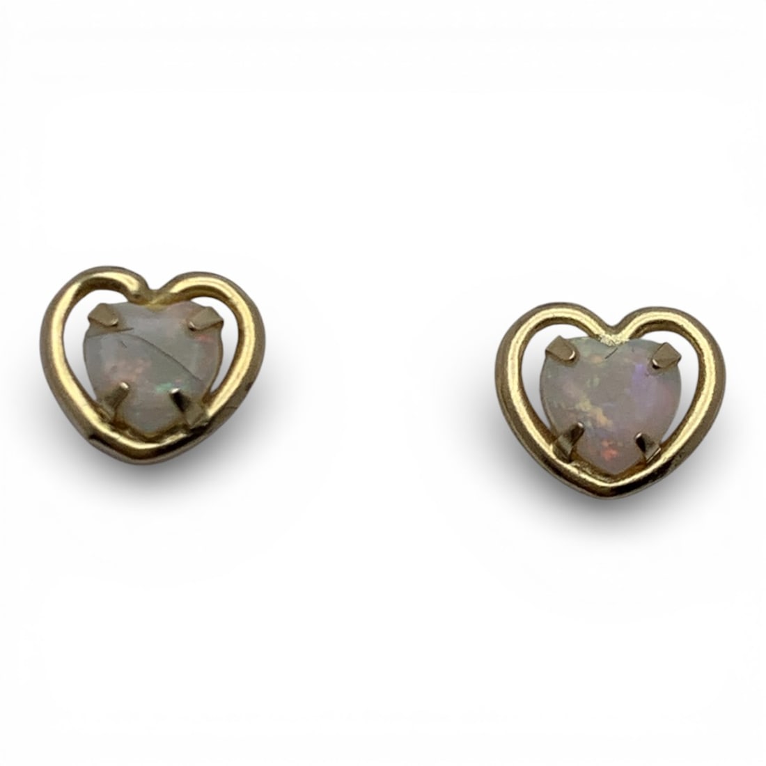 Pair Of 14k Yellow Gold & Opal Heart Earrings: Marked 14k - 1/4" Long - 0.2 DwtGemstones Tested With Presidium Gem Tester Il - Berners Does Not Guarantee Authenticity Of Gemstones