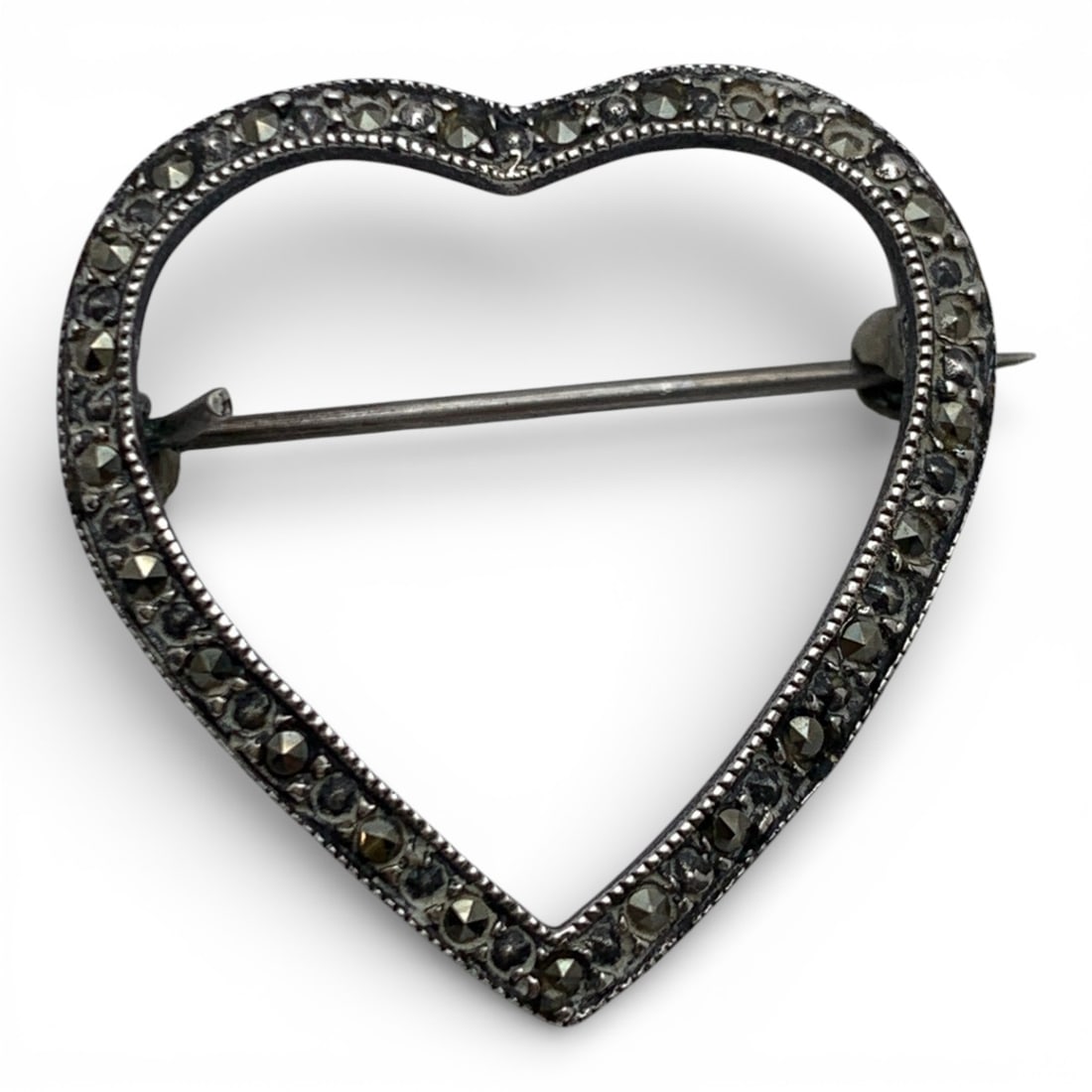 Sterling Silver & Marcasite Heart Pin: Marked 925 - 1 1/4" Long - 3.4 Grams