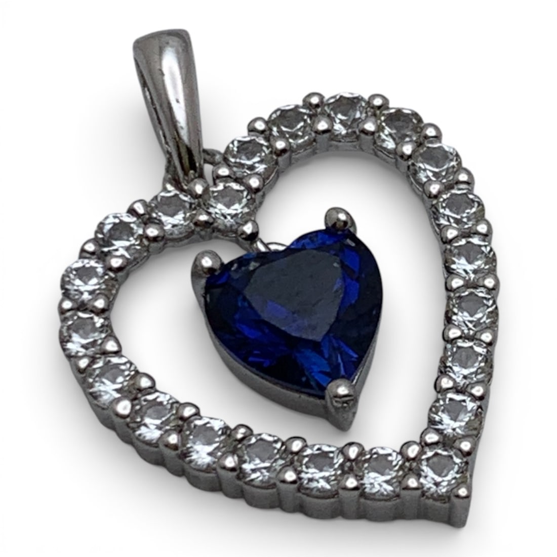 Sterling Silver Pendant W Blue & Clear Stones: Marked 925 - 7/8" Long - 1.9 Grams