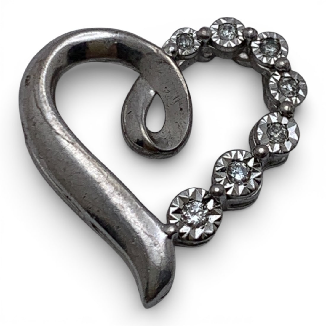 Sterling Silver & Diamond Heart Pendant: Marked 925 - 3/4" Long - 2.4 Grams