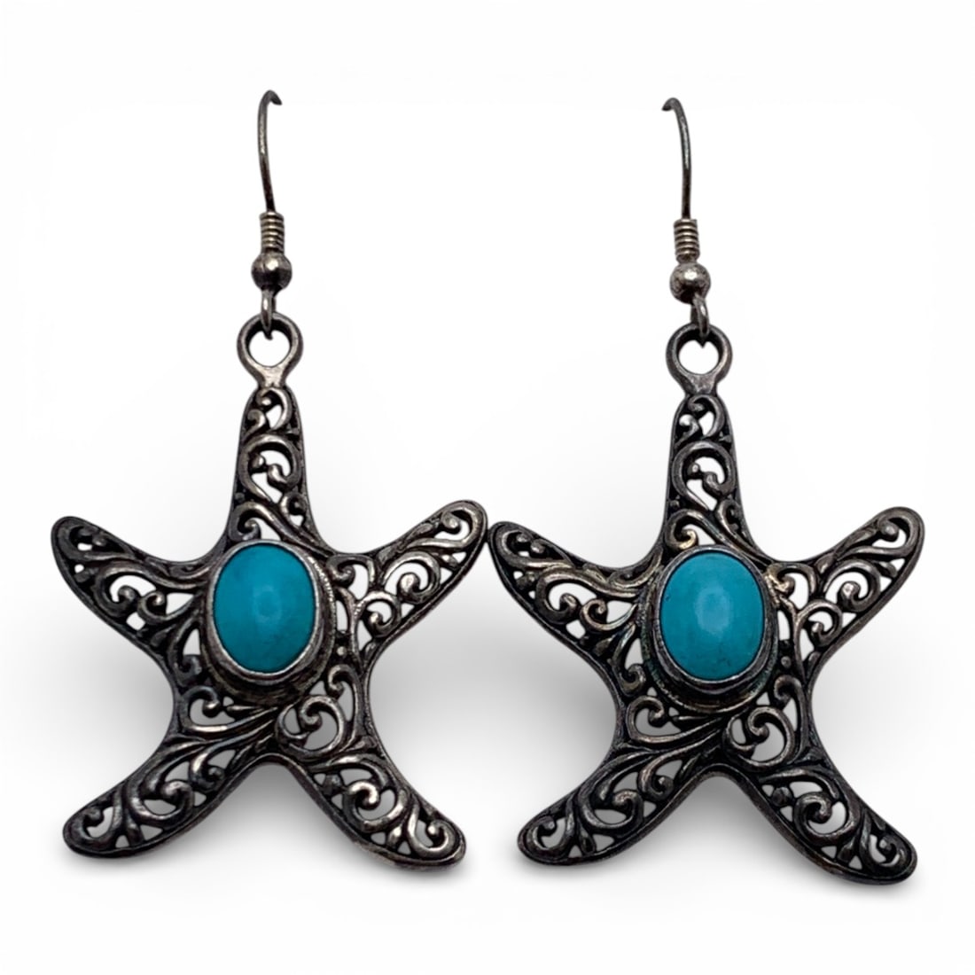 Pair Of Sterling Silver & Blue Stone Earrings: Marked 925 - 2" Long - 6.0 Grams