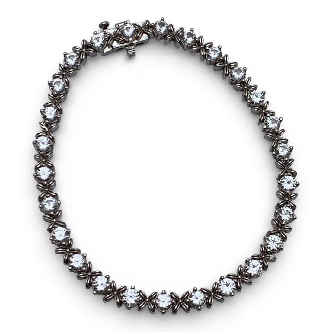 Silver Bracelet With Clear Stones: Tests Silver - 7 1/2" Long - 10.9 Grams