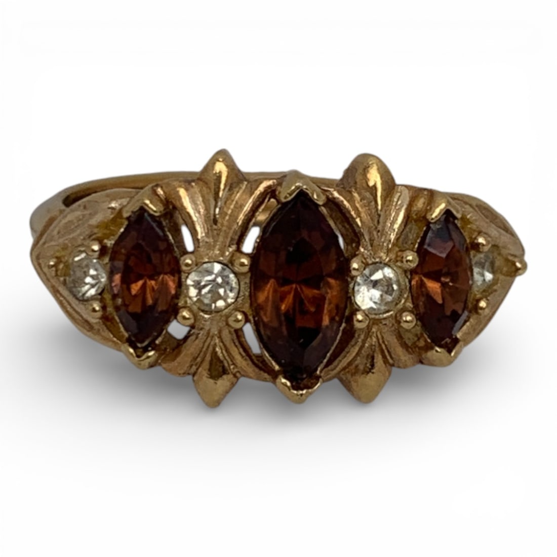 Avon Deisgner Gold Tone Ring With Brown Stones: Marked: Avon - Size 7.25