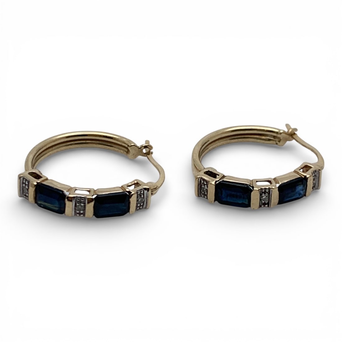 Pair Of 10k Gold Diamond & Sapphire Earrings: Marked 10k - 7/8" Long - 2.3 DwtGemstones Tested With Presidium Gem Tester Il - Berners Does Not Guarantee Authenticity Of Gemstones