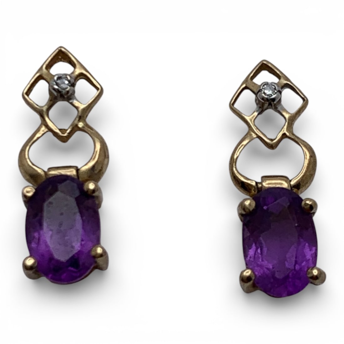 Pair Of 10k Gold Diamond & Amethyst Earrings: Marked 10k - 1/2" Long - 0.6 DwtGemstones Tested With Presidium Gem Tester Il - Berners Does Not Guarantee Authenticity Of Gemstones