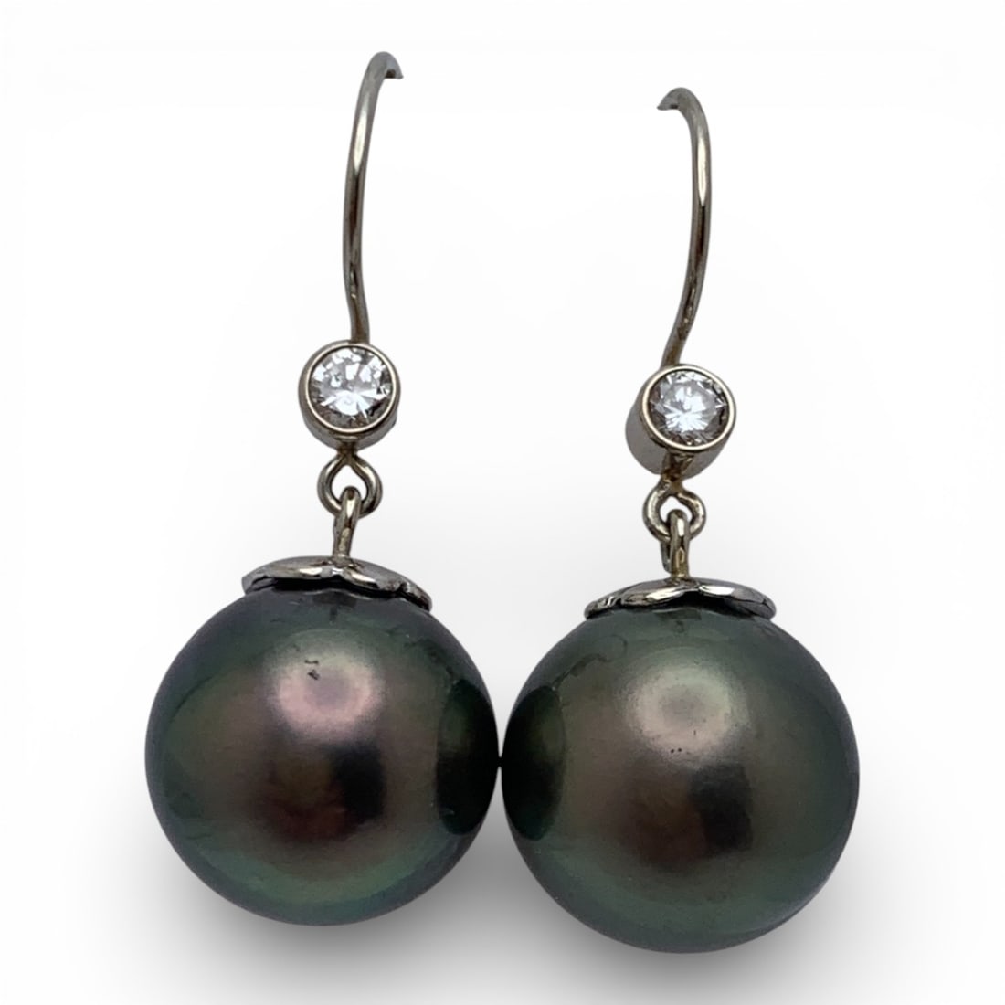 Pair Of Silver Pearl & Clear Stone Earrings: Marked 925 - 1 1/4" Diameter - 9.4 Grams