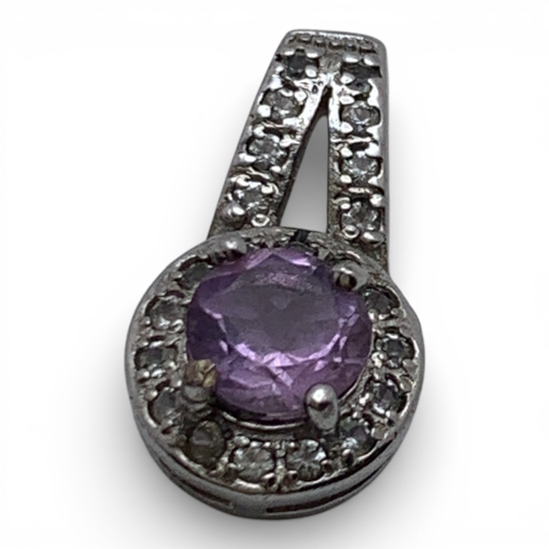 Sterling Silver Pendant With Purple & Clear Stones: Marked 925 - 5/8" Long - 1.2 Grams