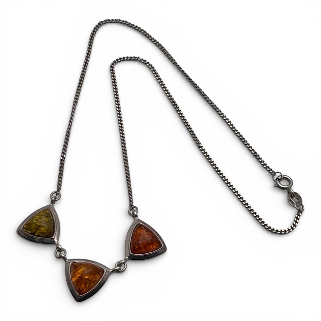 Sterling Silver & Amber Necklace: Marked 925 - 16 1/4" Long - 7.8 Grams