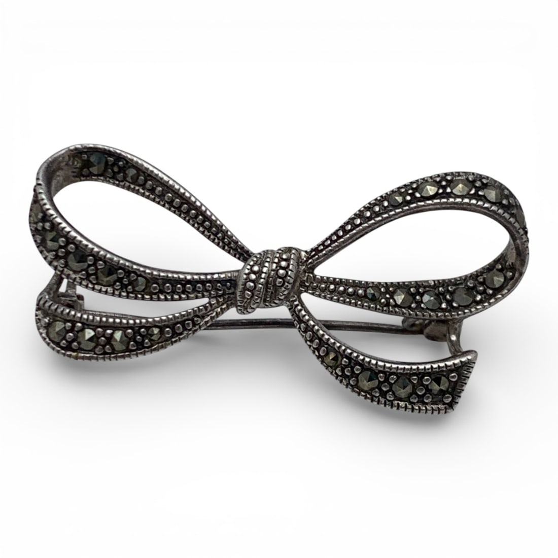 Sterling Silver & Marcasite Bow Pin: Marked 925 - 1 1/2" Long - 4.9 Grams