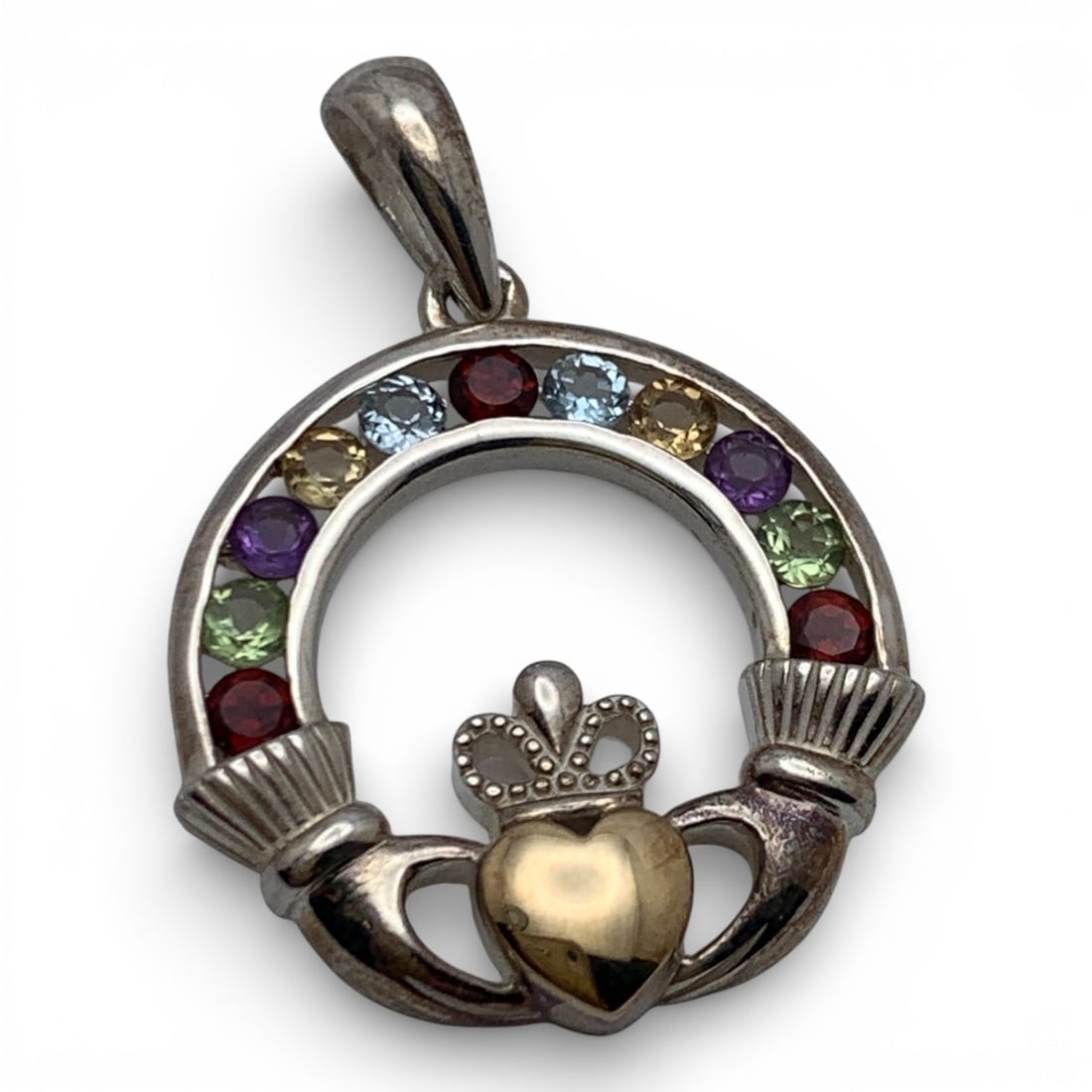 Silver Claddagh Pendant With Colored Stones: Tests Silver - 1 1/4" Long - 5.0 Grams