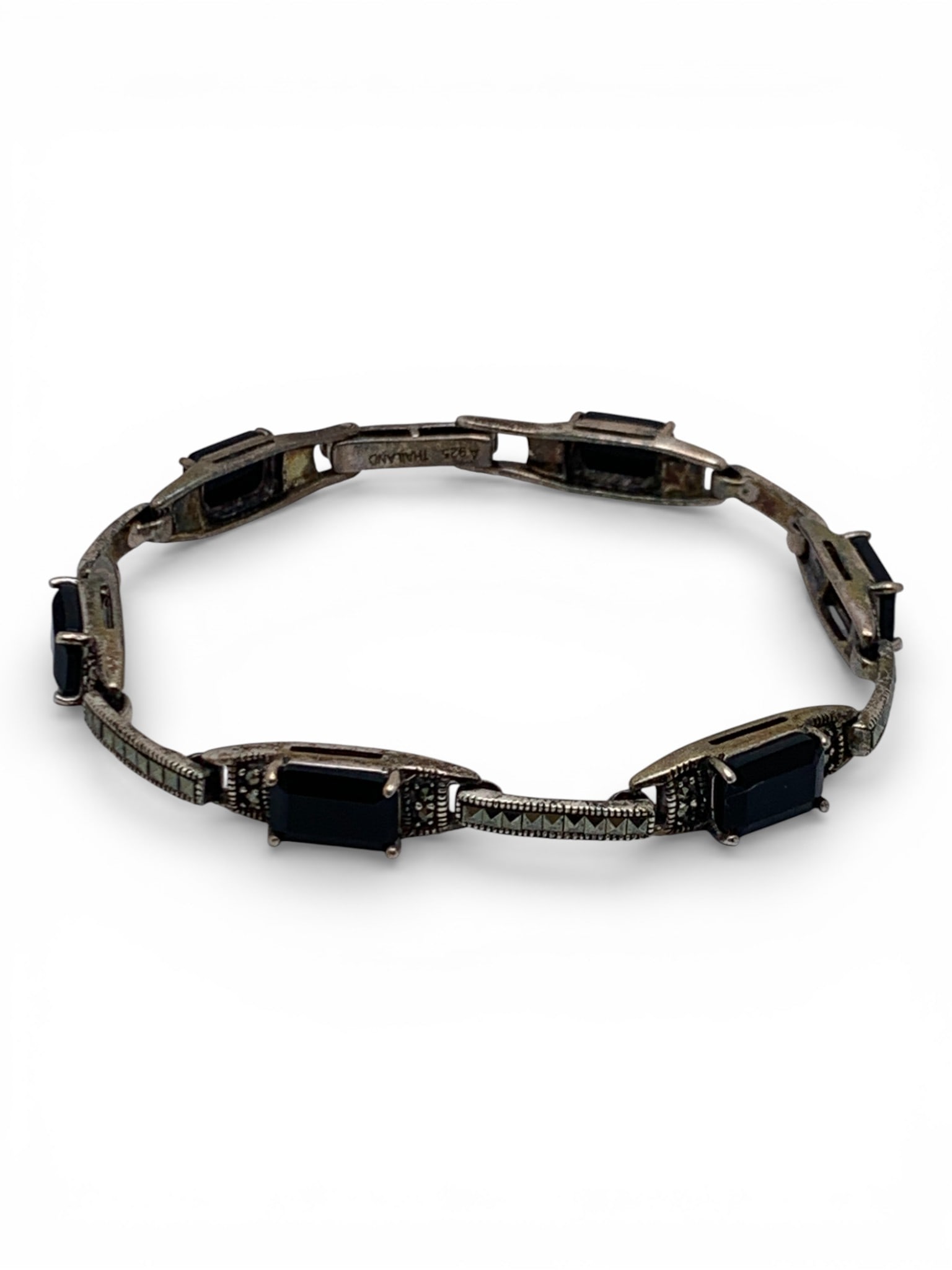 Sterling Silver Marcasite & Black Stone Bracelet: Marked 925 - 7 5/8" Long - 13.8 Grams