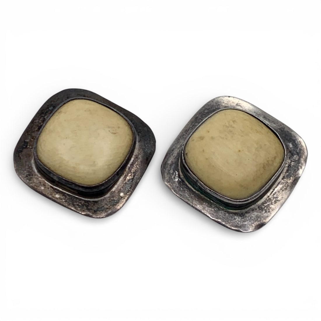 Pair Of Sterling Silver & Bone Clip Earrings: Marked Sterling - 1 1/8" Long - 15.6 Grams