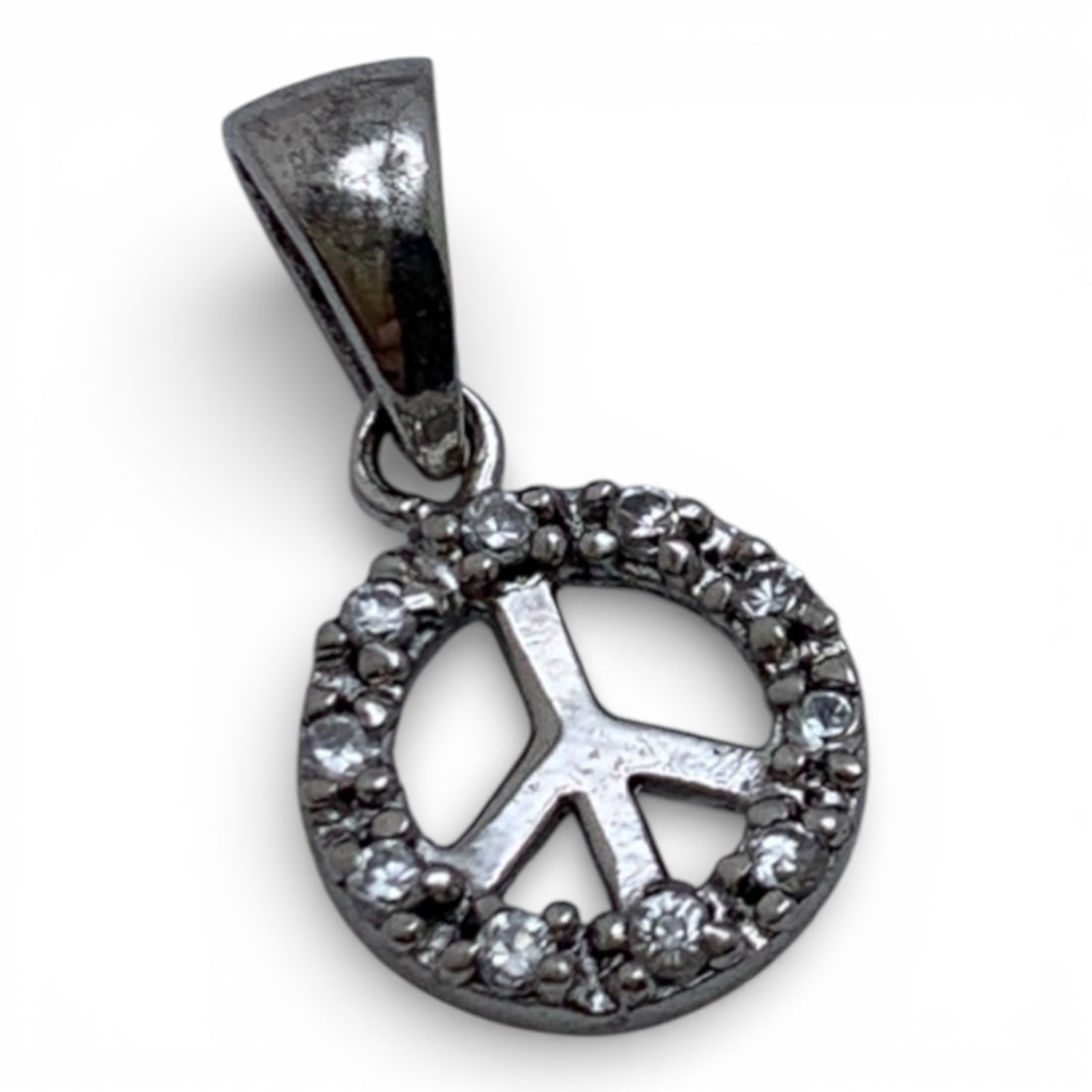 Sterling Peace Pendant With Clear Stones: Marked 925 - 5/8" Long - 0.8 Grams