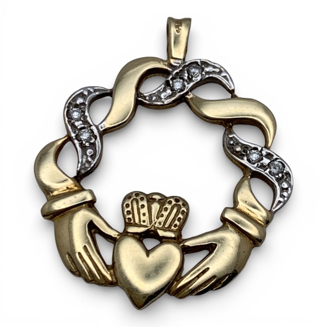 10k Yellow Gold & Diamond Claddagh Pendant: Marked 10k - 1 1/8" Long - 1.9 DwtGemstones Tested With Presidium Gem Tester Il - Berners Does Not Guarantee Authenticity Of Gemstones