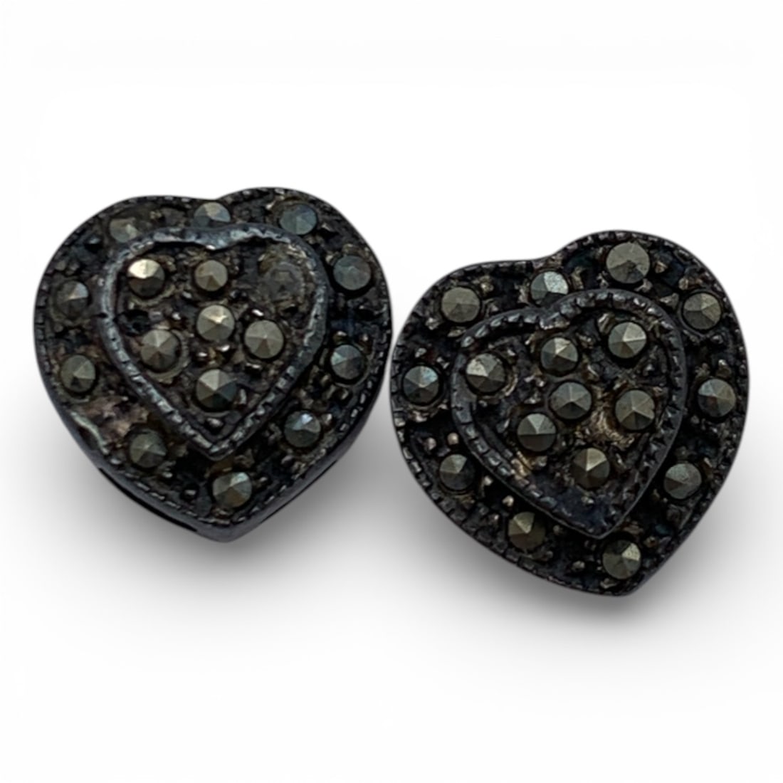 Pair Of Silver & Marcasite Heart Earrings: Tests Silver - 3/8" Long - 3.1 Grams
