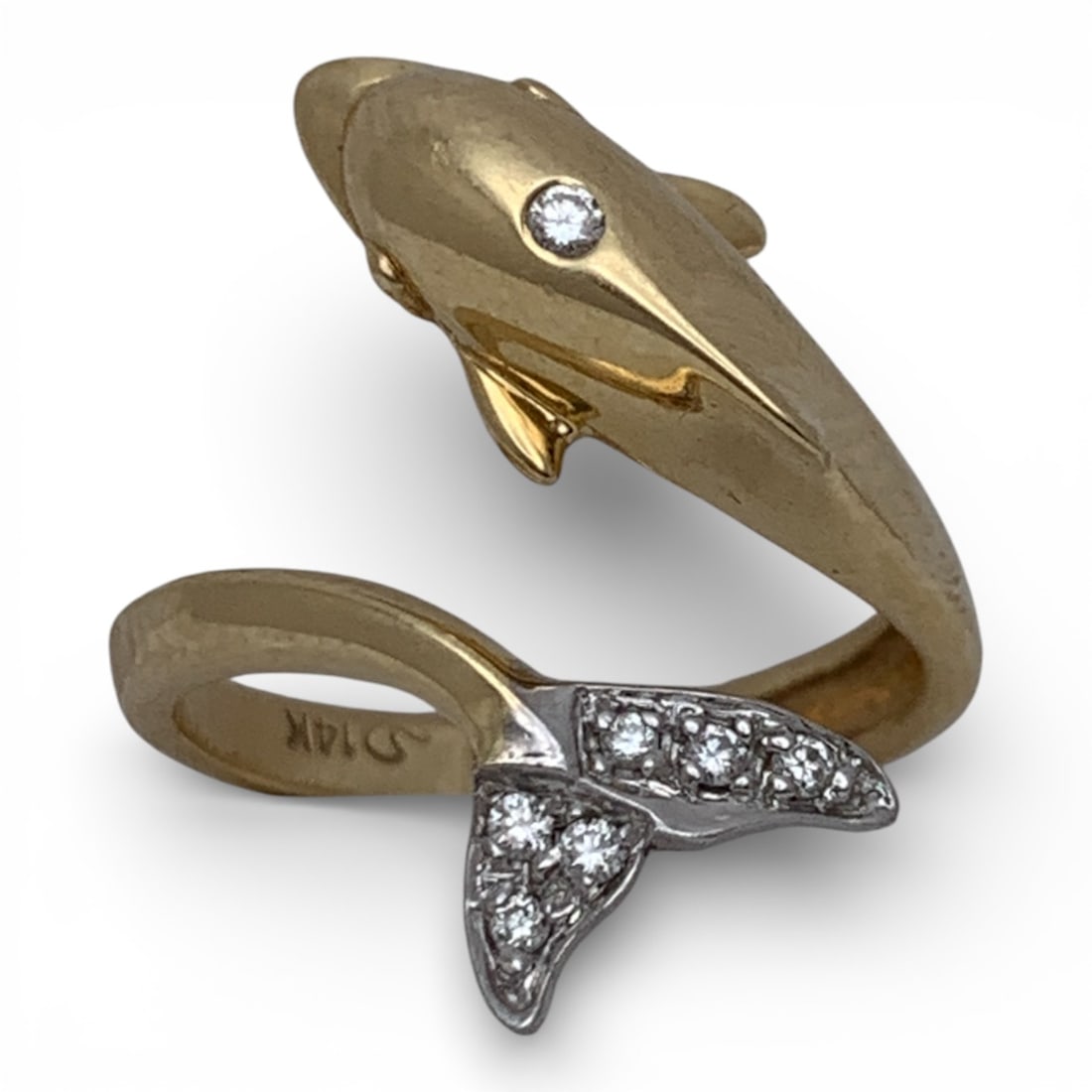14k Yellow Gold & Diamond Dolphin Ring: Marked 14k - Size 6.25 - 3.0 DwtGemstones Tested With Presidium Gem Tester Il - Berners Does Not Guarantee Authenticity Of Gemstones