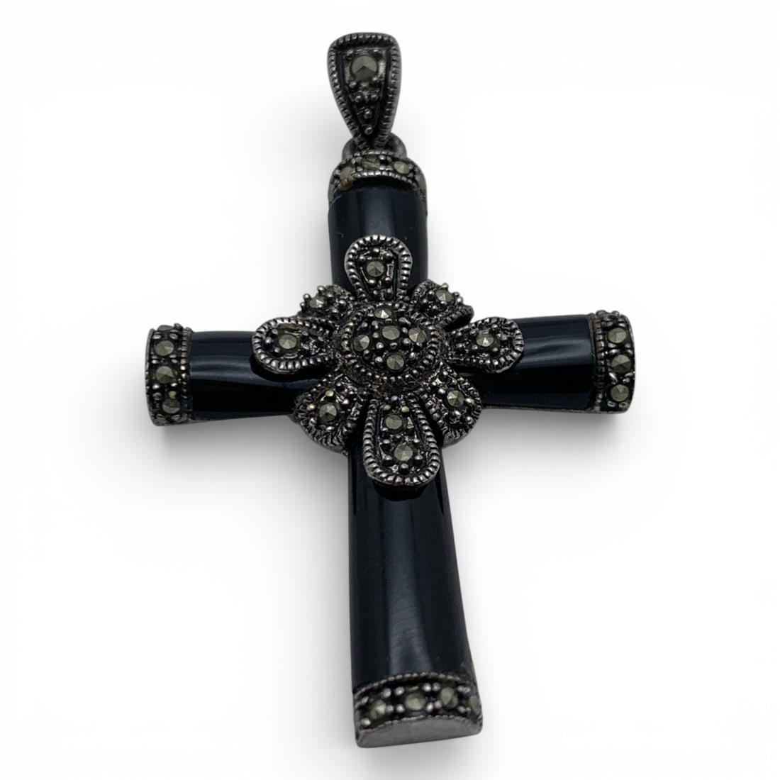 Sterling Silver & Marcasite Cross Pendant: Marked 925 - 2 1/8" Long - 9.3 Grams