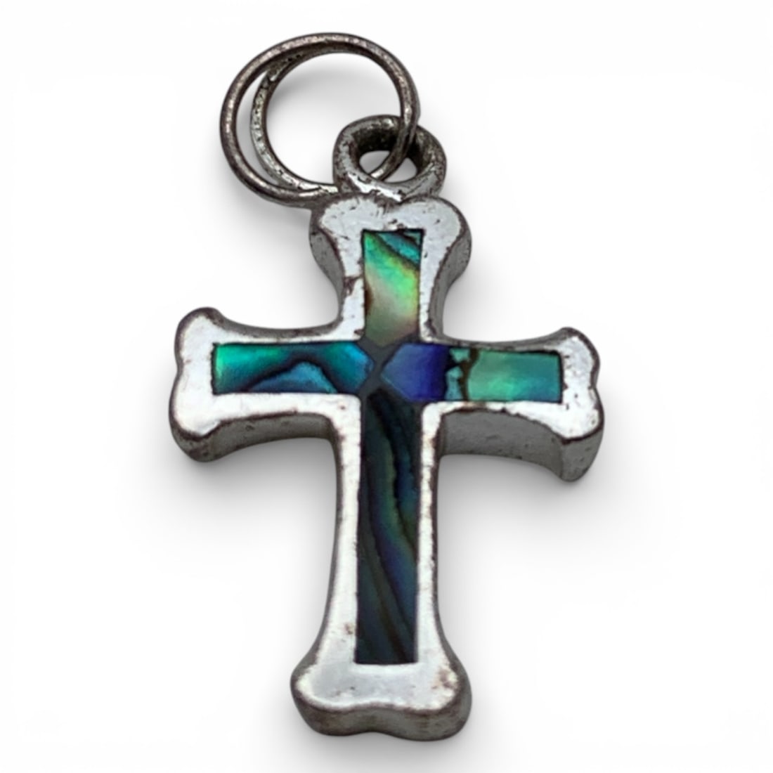 Sterling & Abalone Cross Charm: Marked 925 - 7/8" Long - 1.7 Grams