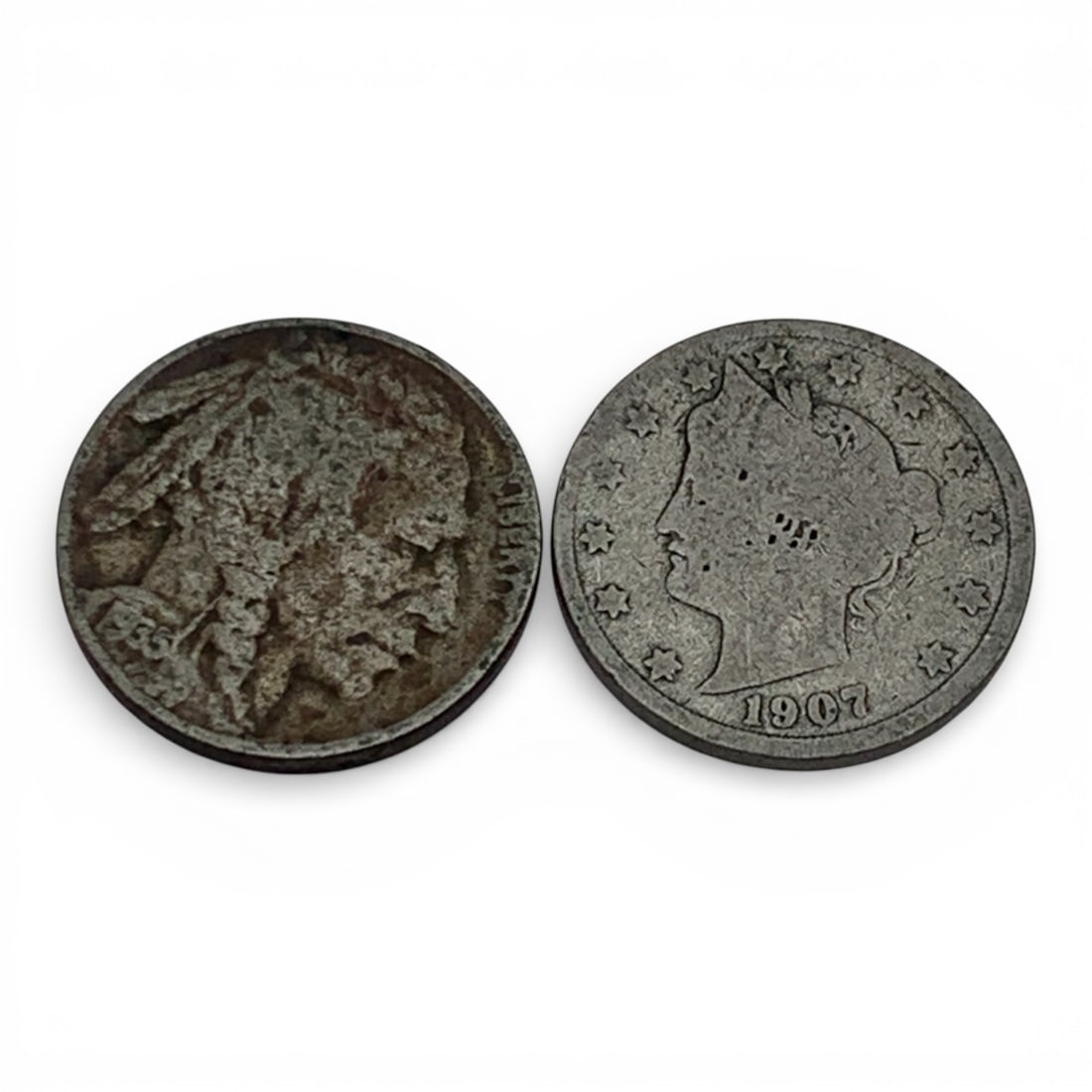1 1935 Buffalo Nickel & 1 1907 Silver V Nickel: V Nickel Is 35% Silver Content See Photos