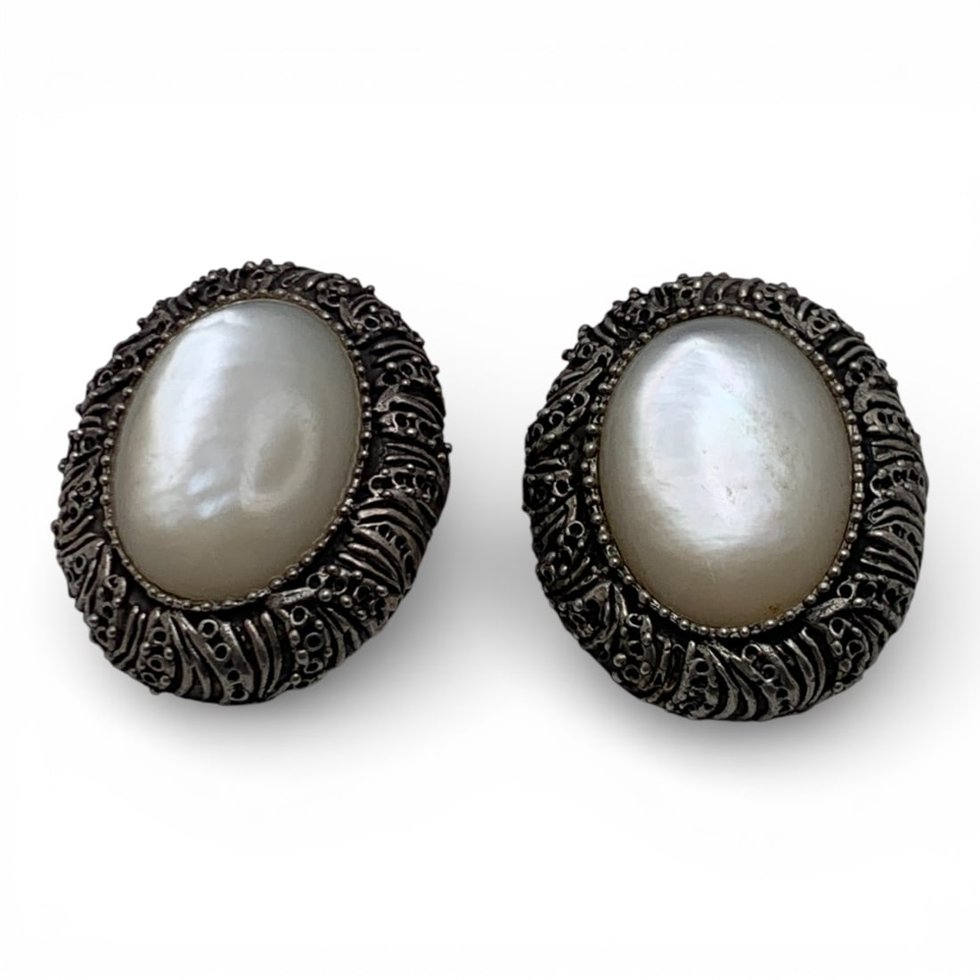 Silver & Mother Of Pearl Clip Earrings: Tests Silver - 1 5/8" Long - 55.5 Grams