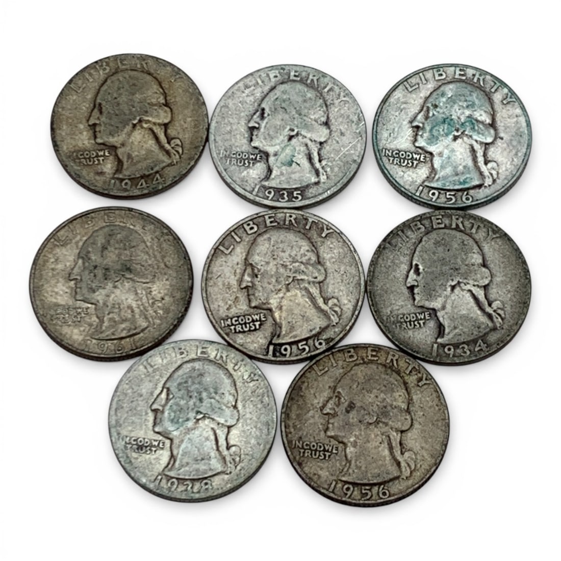 Group Of 8 Mixed Date Washington Silver Quarters: 90% Silver Content