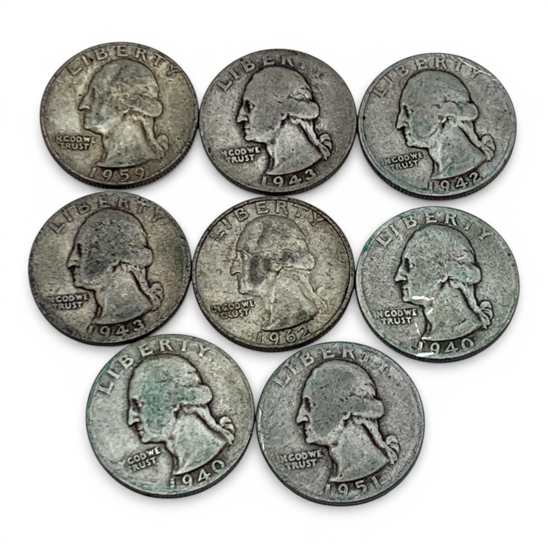 Group Of 8 Mixed Date Washington Silver Quarters: 90% Silver Content