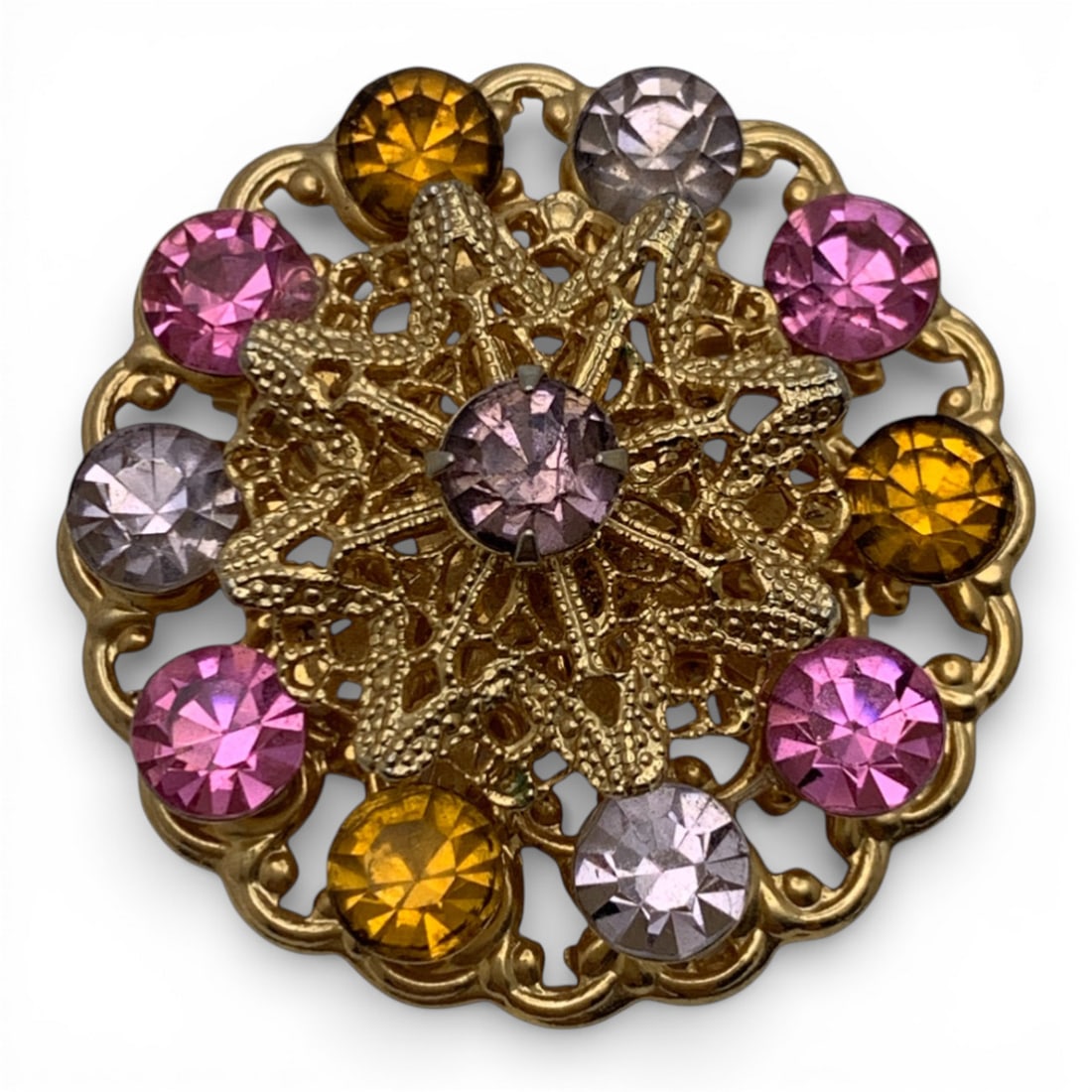 Gold Tone Pin With Colored Rhinestones: 1 3/8" Long