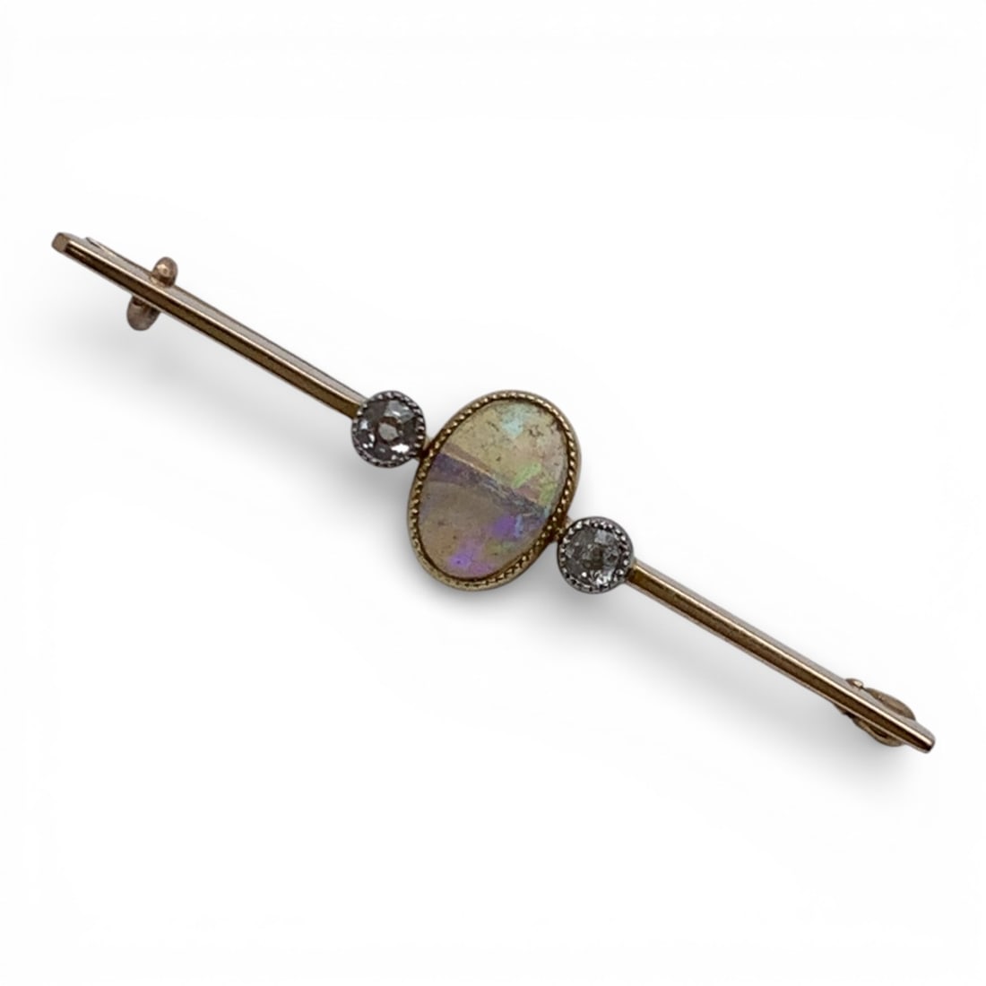 14k Yellow Gold Moonstone & Diamond Bar Pin: Tests 14k - 1 5/8" Long - 1.6 DwtGemstones Tested With Presidium Gem Tester Il - Berners Does Not Guarantee Authenticity Of Gemstones